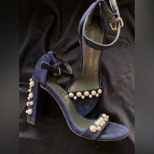 Stuart Weitzman dark blue pearl suede sandal heels